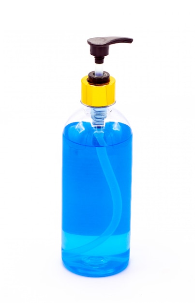 Photo gel pour les mains en bouteille bleue isolé