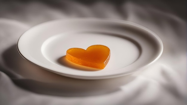 gelée en forme de cœur sur une assiette blanche sur une feuille de tissu blanche