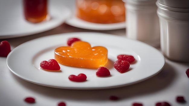 Gelée en forme de cœur avec des framboises sur une assiette blanche Focus sélectif