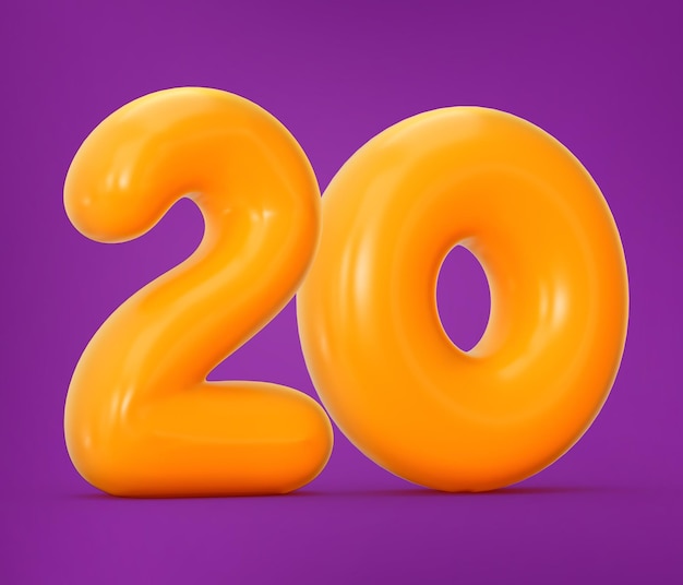 Photo gelée orange brillante numéro 20 ou vingt isolée sur fond violet avec illustration 3d ombre