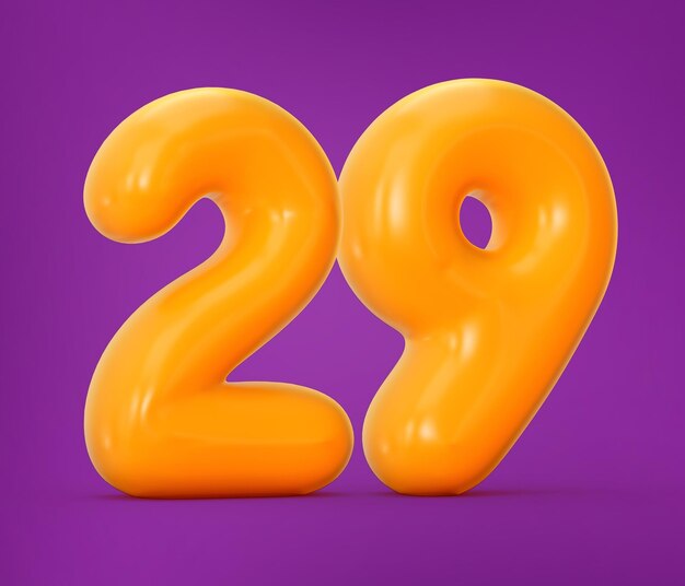 Photo gelée orange brillante numéro 29 ou vingt-neuf isolée sur violet avec illustration 3d ombre