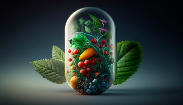 Photo gélule suppléments homéopathie légumes fruits et feuilles generative ai