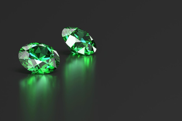 Gemme de diamants émeraude verte placée sur fond de réflexion rendu 3d