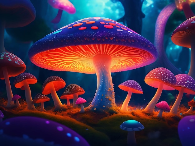 Générateur ai haute résolution du monde magique des champignons trippants de belles couleurs