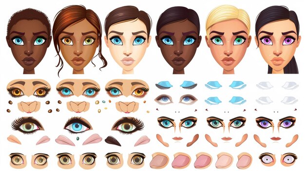 Photo générateur d'avatars avec diverses coiffures féminines yeux bleus ou bruns nez sourcils lèvres et sourcils de différentes formes jeu de dessins animés moderne isolé sur blanc