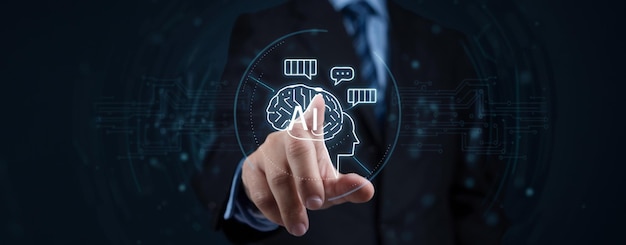 Générateur de contenu d'intelligence artificielle Un homme utilise un ordinateur portable pour interagir avec l'assistant d'IA