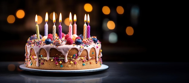 Génératif AI Anniversaire beau gâteau avec bannière de fruits et de bougies pour les félicitations