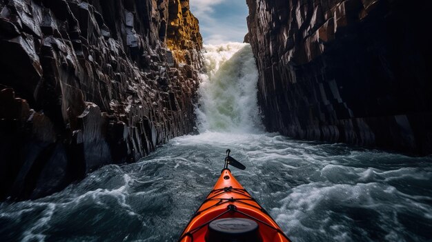 Génératif AI kayak radeau rivière cascade concept de sport extrême kayak en eau vive