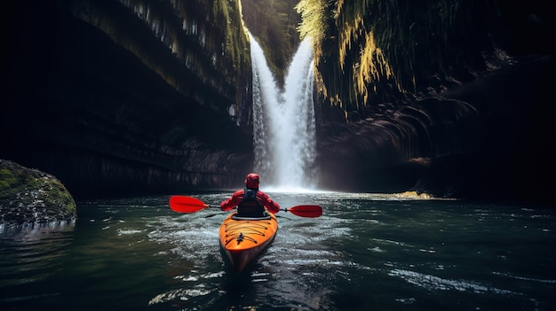 Génératif AI kayak radeau rivière cascade concept de sport extrême kayak en eau vive