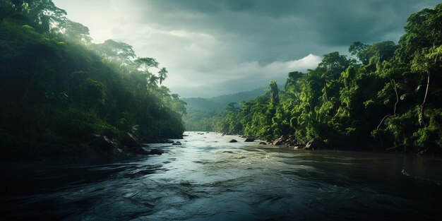 Génératif AI vert magnifique paysage de jungle amazonienne avec arbres et vue sur la rivière par drone