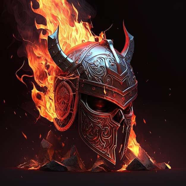 Génératif Un casque viking en fer et en cuir brillant avec une lumière de feu rouge foncé scintillant Casque de guerrier viking en métal Focus avec des cornes et des runes