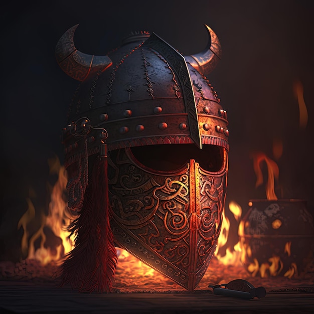 Génératif Un casque viking en fer et en cuir brillant avec une lumière de feu rouge foncé scintillant Casque de guerrier viking en métal Focus avec des cornes et des runes