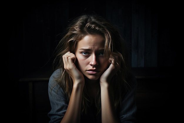 Génératif par AI Une femme triste souffrant de dépression et d'insomnie se réveille et s'assoit seule dans la pièce sombre, concept de harcèlement sexuel et de violence contre les femmes