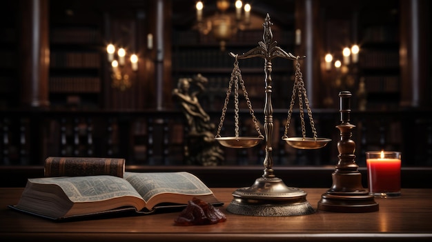 Génération illustrée d'une échelle équilibrée dans le fond de la bibliothèque du tribunal