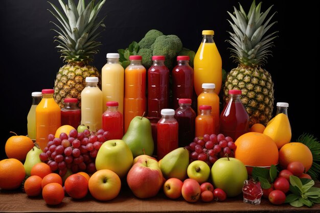 Génération illustrée de fruits et de jus frais assortis en bouteille
