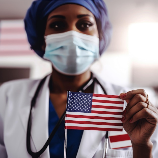Génération illustrée d'un médecin africain tenant le drapeau américain