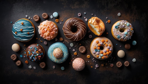 Génération par IA d'une icône réaliste de beignets sucrés et colorés avec un glaçage de couleur différente