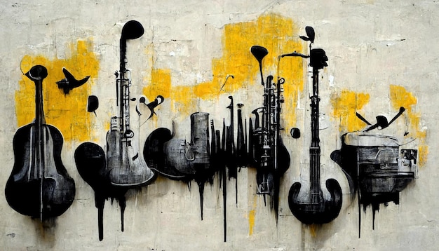 Generative AI Abstract Street art avec des clés et des silhouettes d'instruments de musique