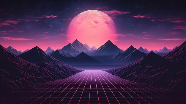 Générative AI années 80 rétro futuriste scifi nostalgique des années 90 Nuit et coucher de soleil couleurs néon cyberpunk illustration vintage Soleil montagnes et palmiers Retrowave VJ paysage de jeu vidéo