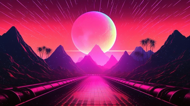 Générative AI années 80 rétro futuriste scifi nostalgique années 90 Nuit et coucher de soleil couleurs néon cyberpunk