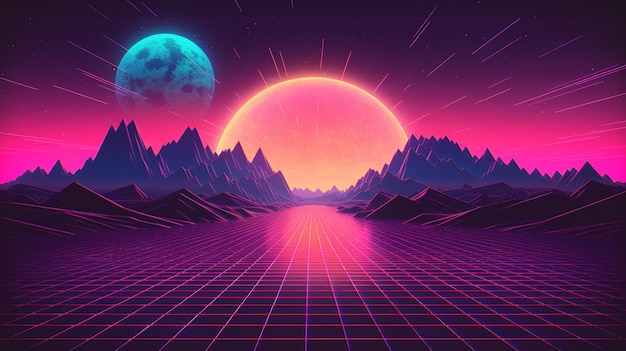 Générative AI années 80 rétro futuriste scifi nostalgique années 90 Nuit et coucher de soleil couleurs néon cyberpunk