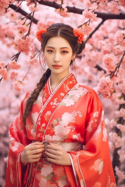 Générative ai Asian girl kimono traditionnel et jardin de cerisiers