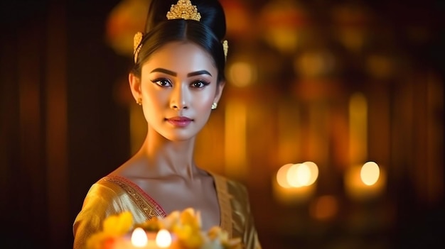 Generative AI belle mannequin thaïlandaise portant des vêtements traditionnels pour le festival Loy Kratong