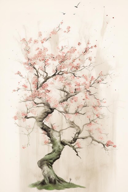 Generative AI Belle peinture à l'aquarelle d'arbre sakura japonais affiche asiatique vintage