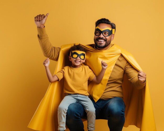 Générative AI bonne fête des pères papa et fils drôles avec moustache s'amuser sur un b jaune coloré