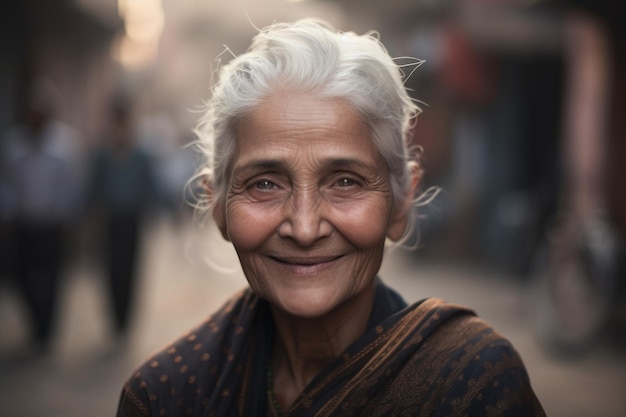 générative ai cheveux gris femme mûre portrait indien extérieur regardant la caméra