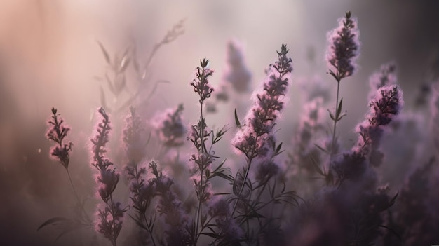 Generative AI Close up champ de lavande en pleine croissance avec lavandula à fleurs de fumée de parfum