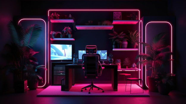 Generative Ai une configuration avec plusieurs écrans et un ordinateur éclairé par des néons roses dans une pièce sombre