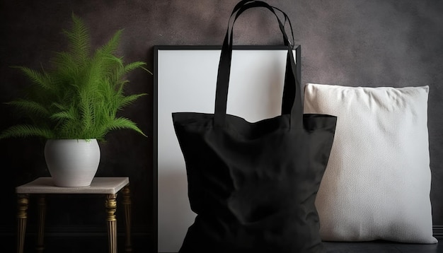 Generative AI Configuration de sac en tissu de toile fourre-tout noir réaliste dans une tasse intérieure à la maison maquette vierge