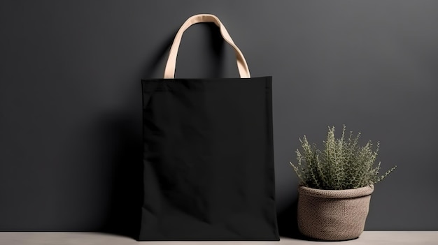 Generative AI Configuration de sac en tissu de toile fourre-tout noir réaliste dans une tasse intérieure à la maison mock up blankx9