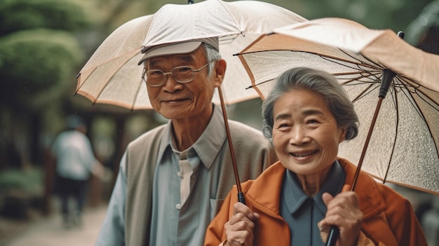 Generative AI un couple japonais âgé heureux se promenant dans un parc avec des parapluies