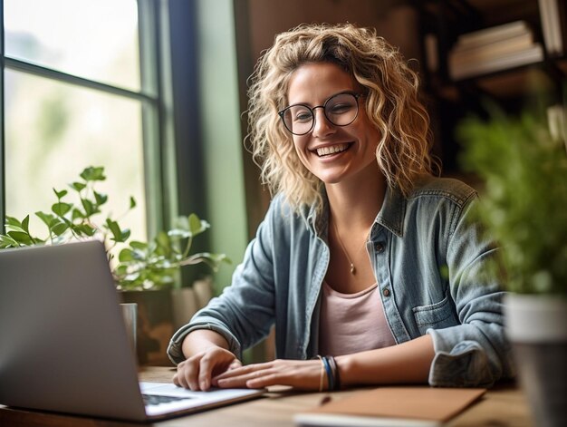 Generative AI Crop pensive femme ravie dans des lunettes et des écouteurs sans fil se concentrant sur l'écran