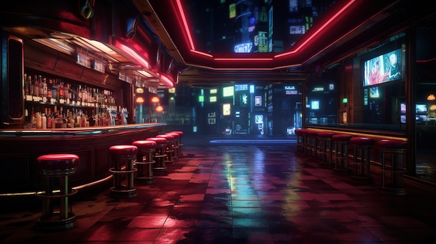 Generative AI Cyberpunk style bar ou café Scène nocturne d'une grande ville futuriste nostalgique des années 80 90