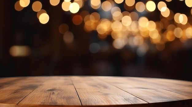 Generative AI Dessus de table en bois noir avec une fête lumineuse dans un bar ou un club dans le fond de la nuit noire