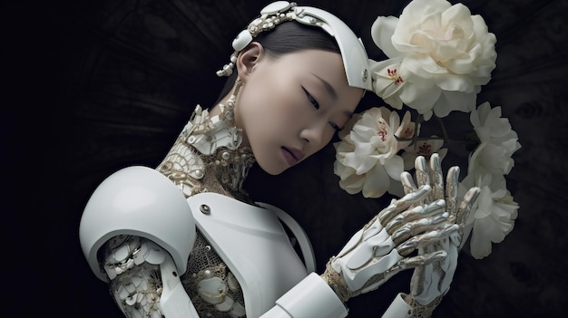 Générative AI fantasy scifi cyborg femme posant tenant une fleur