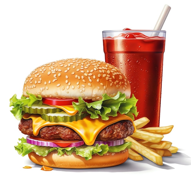 Generative AI Fast Food Delight Aquarelle Burger et Fries Combo Illustration Artistique d'un Fl