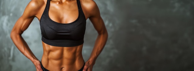 Générative AI Femme sportive avec de grands muscles abdominaux montre le ventre en tenue de sport sur fond neutre