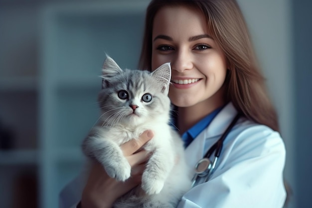 Générative AI Femme vétérinaire avec un chat mignon en cliniqueUne femme médecin vétérinaire tient un