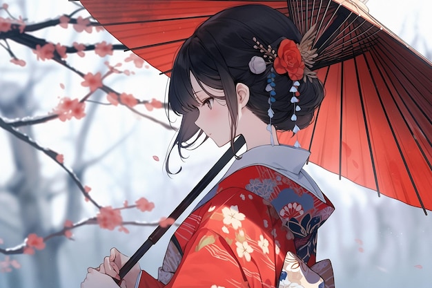 Generative ai Geisha en kimono avec des fleurs de printemps dans un parapluie