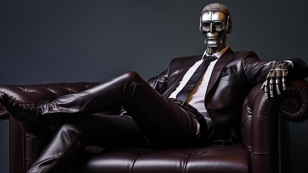Generative AI Intelligence Artificielle Concept Design Homme d'affaires robotique assis sur un canapé en cuir