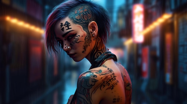 Générative Ai jeune femme avec une apparence dangereuse et intimidante avec tatouage