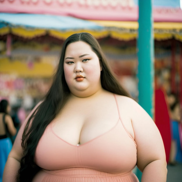 Générative ai jeune femme asiatique taille plus à la mode posant à l'extérieur