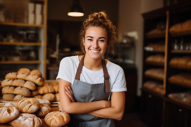 Generative AI Jeune femme portant un assistant de tablier dans une petite entreprise de boulangerie amicale a traversé un