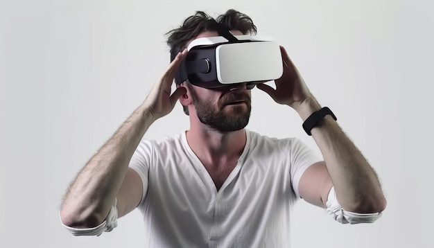 Generative AI Jeune homme portant des lunettes de réalité virtuelle Studio tourné sur fond gris