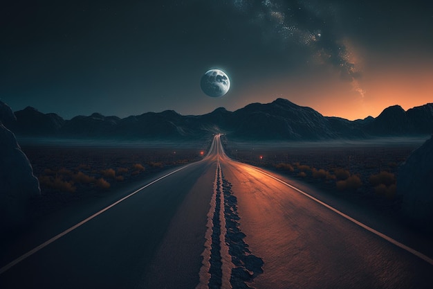 Generative AI Landscape night lonely road avec la pleine lune brillante brille dans le désert des montagnes