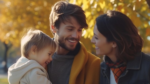 Générative AI, mère de famille heureuse et bébé fils jouant et riant lors de la promenade d'automne